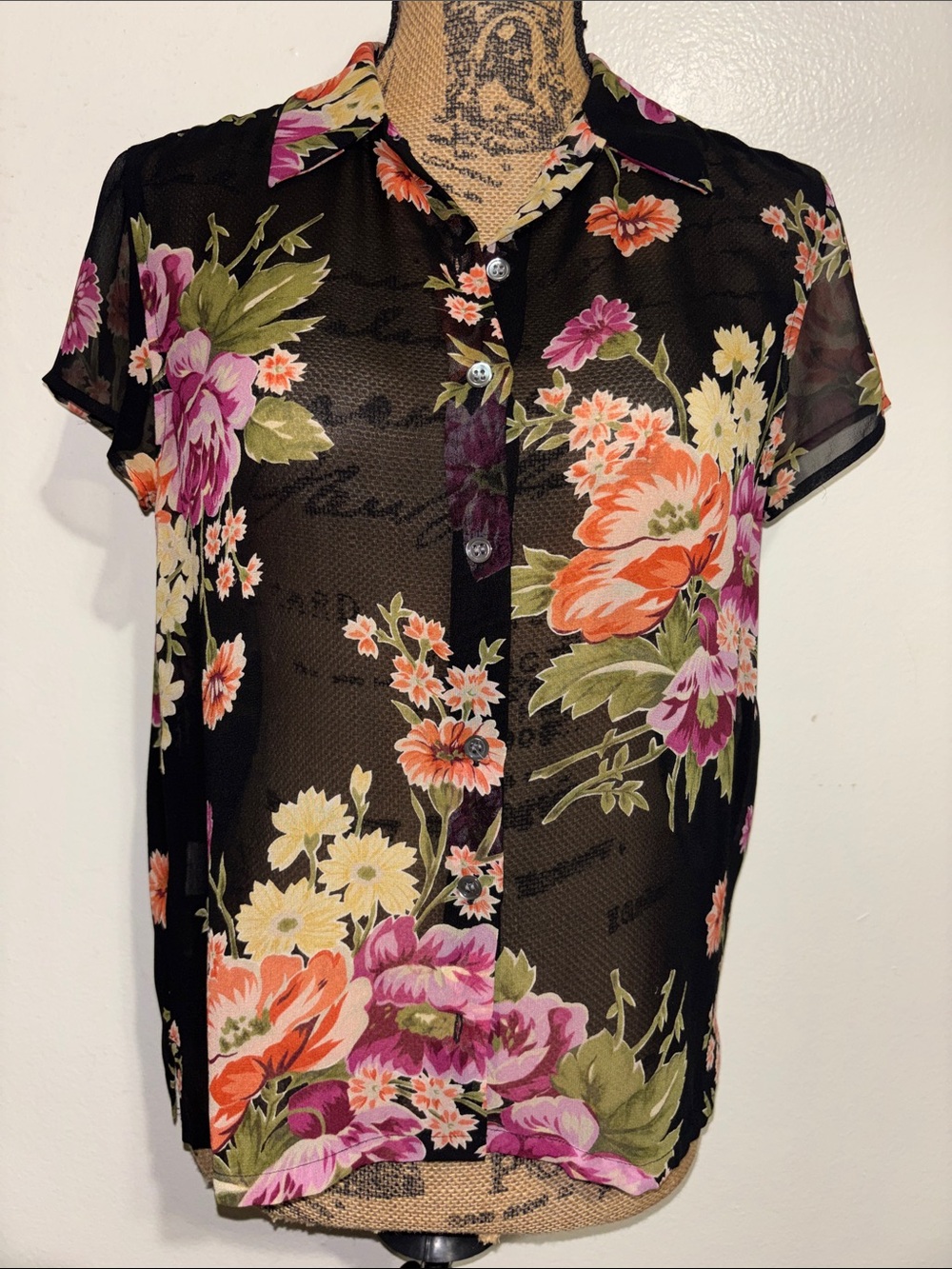 Sheer Black Floral Button-Up Blouse - Pink, Orange & Green